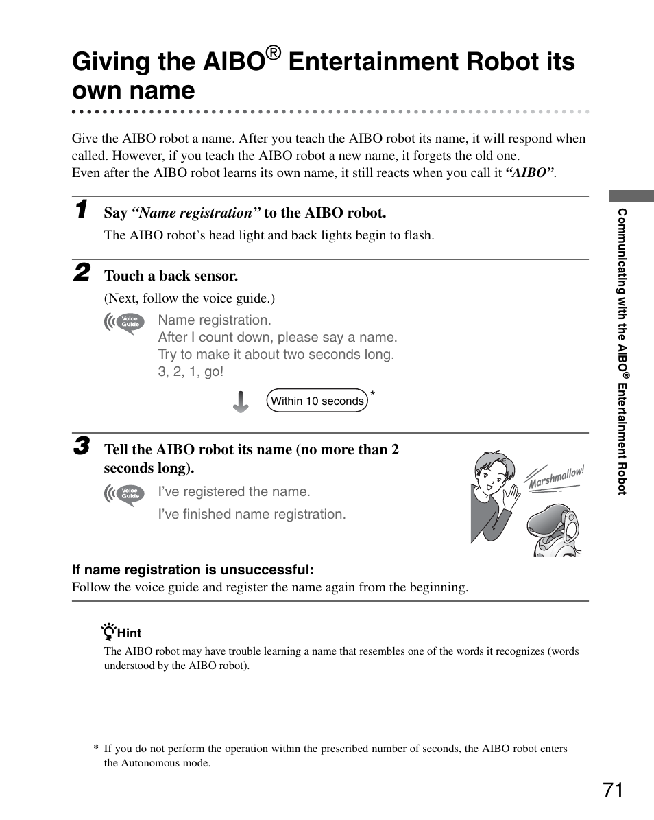 Giving the aibo® entertainment robot its own name, Giving the aibo, Entertainment robot its own name | Sony ERS-7M3 User Manual | Page 71 / 164