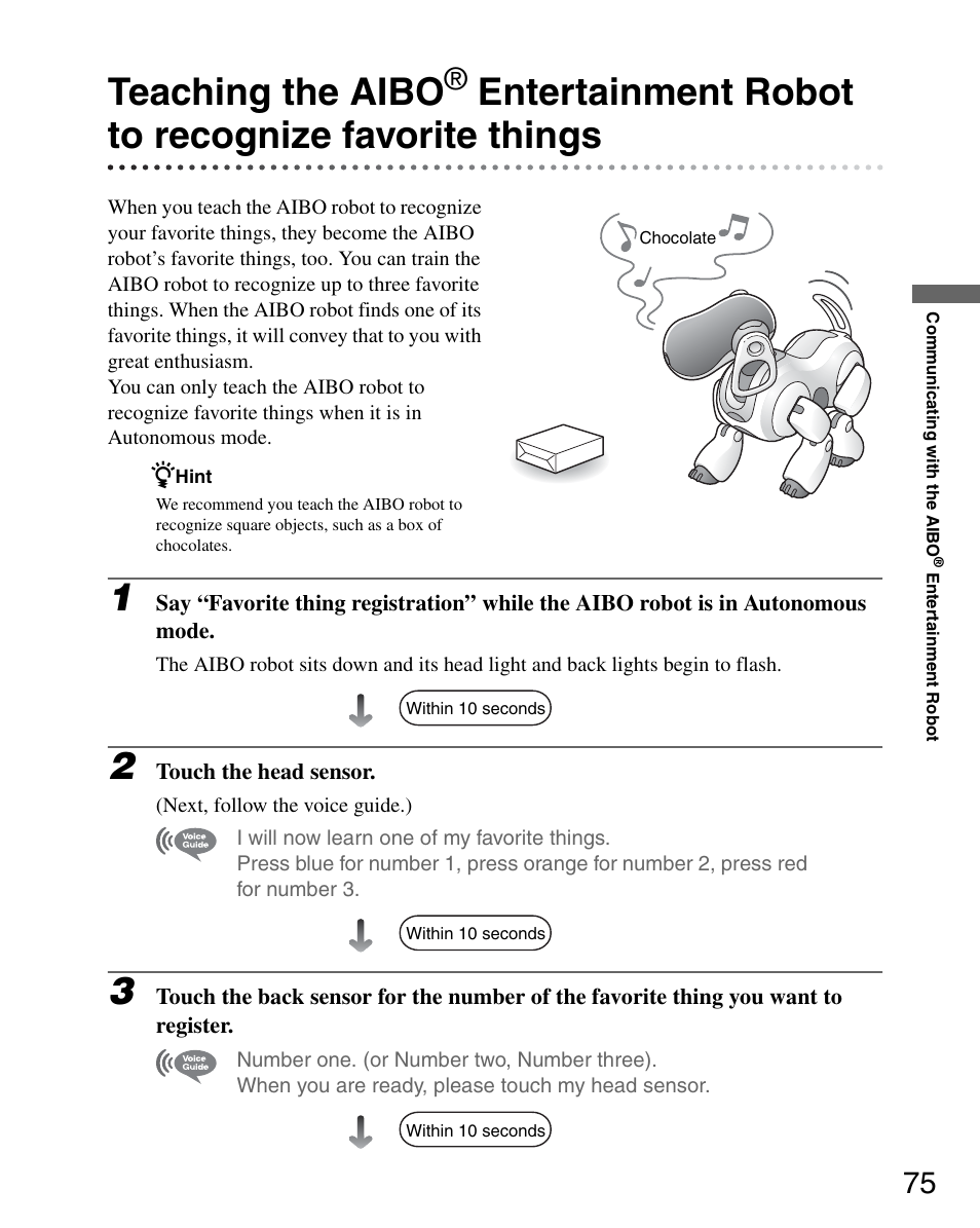 Teaching the aibo, Entertainment robot to recognize favorite things | Sony ERS-7M3 User Manual | Page 75 / 164