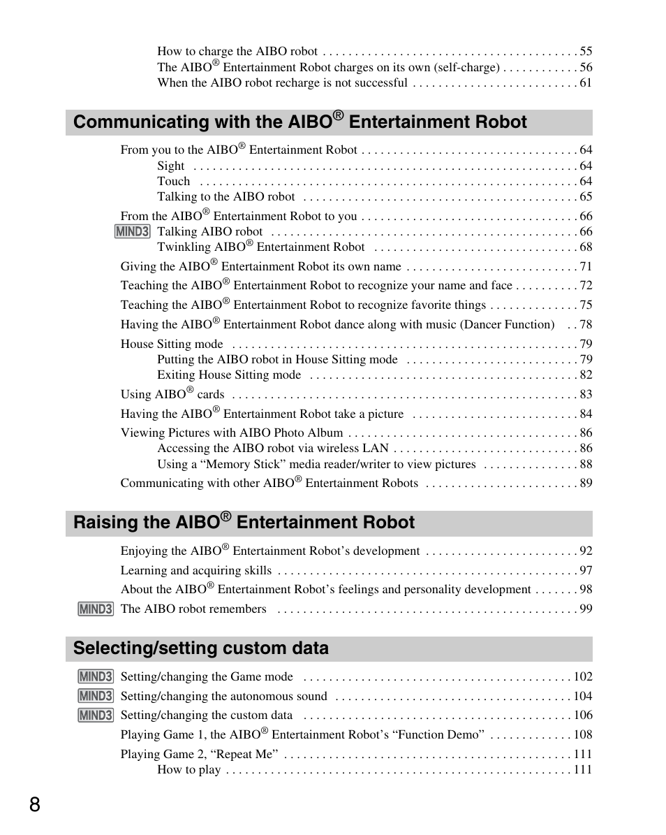 Communicating with the aibo, Entertainment robot, Raising the aibo | Selecting/setting custom data | Sony ERS-7M3 User Manual | Page 8 / 164