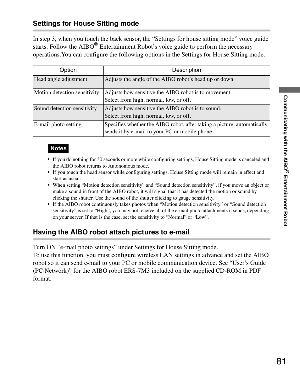 Settings for house sitting mode, Having the aibo robot attach pictures to e-mail | Sony ERS-7M3 User Manual | Page 81 / 164