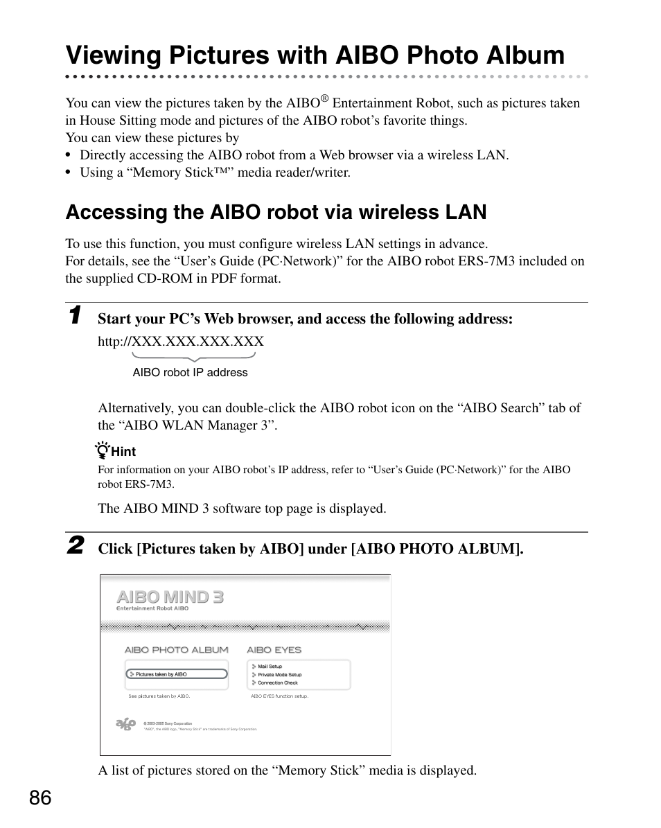 Viewing pictures with aibo photo album, Accessing the aibo robot via wireless lan | Sony ERS-7M3 User Manual | Page 86 / 164