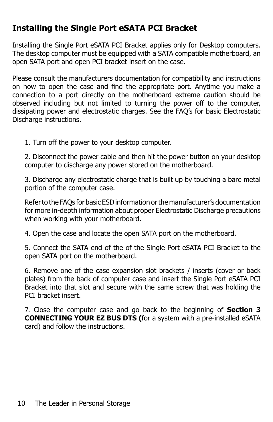 Installing the single port esata pci bracket | Apricorn EZ Bus DTS User Manual | Page 10 / 44