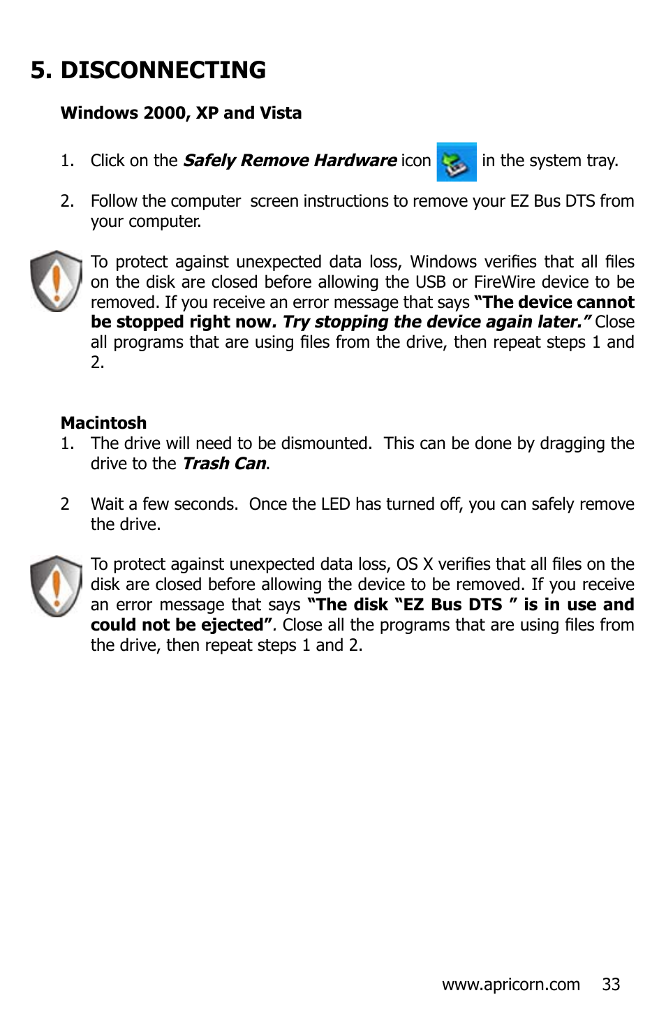Disconnecting | Apricorn EZ Bus DTS User Manual | Page 33 / 44