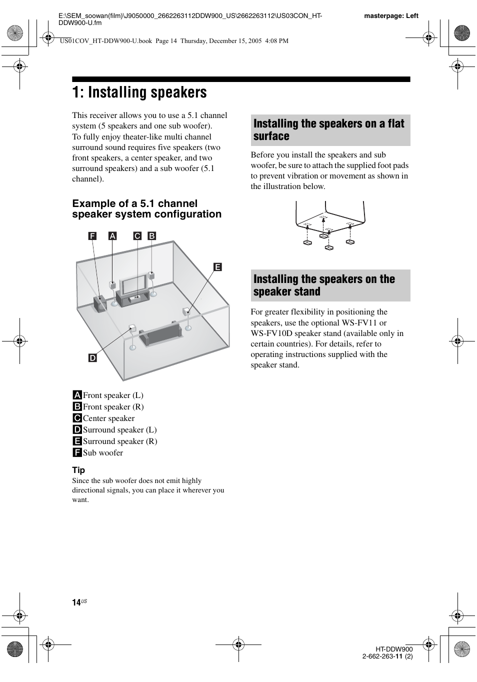 Installing speakers | Sony HT-DDW900 User Manual | Page 14 / 76