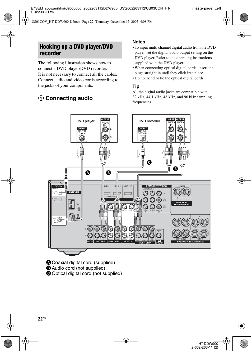Hooking up a dvd player/dvd recorder, 1connecting audio, Dvd player | Dvd recorder | Sony HT-DDW900 User Manual | Page 22 / 76