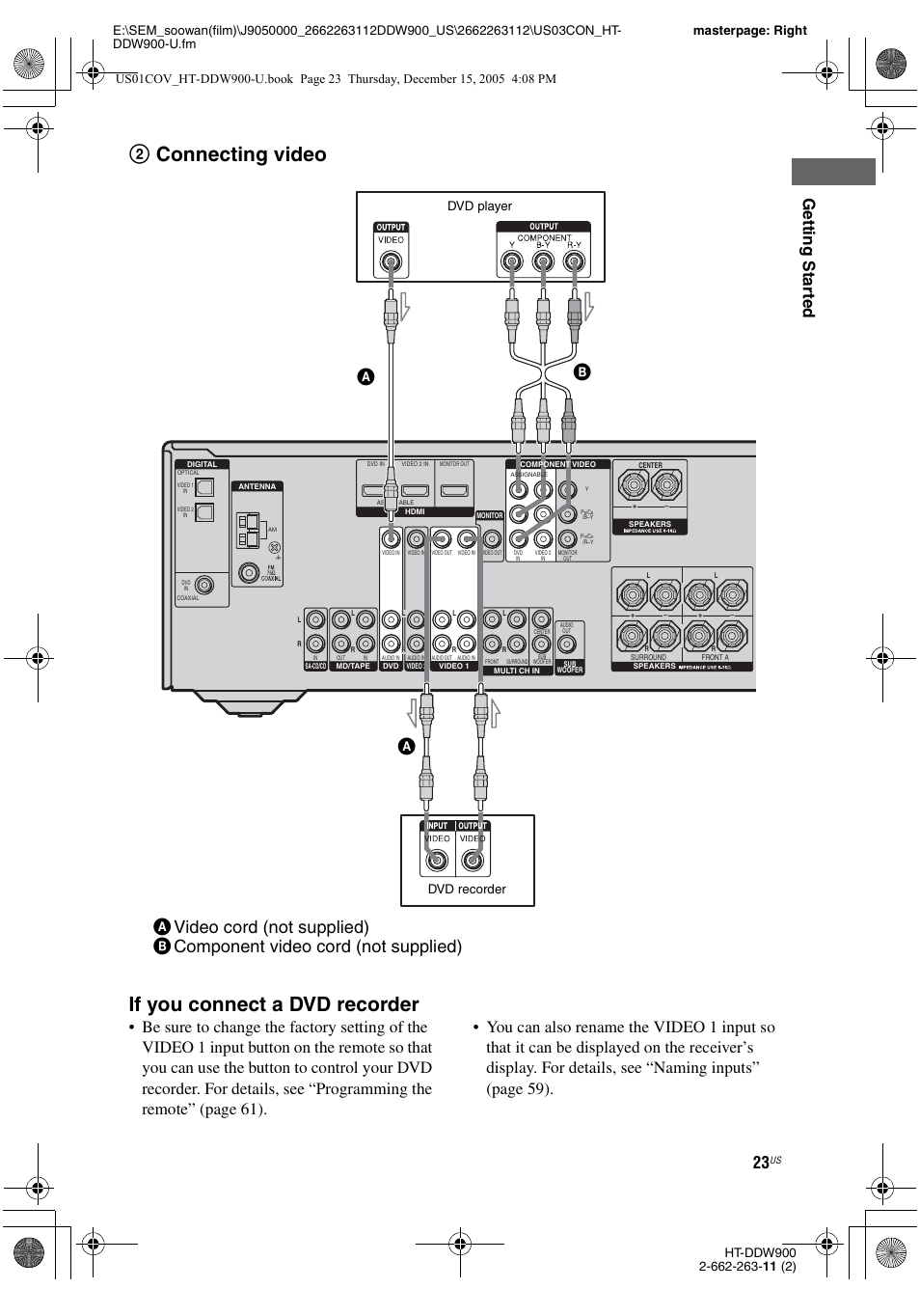 2connecting video if you connect a dvd recorder, Gettin g sta rted, Dvd player | Dvd recorder | Sony HT-DDW900 User Manual | Page 23 / 76