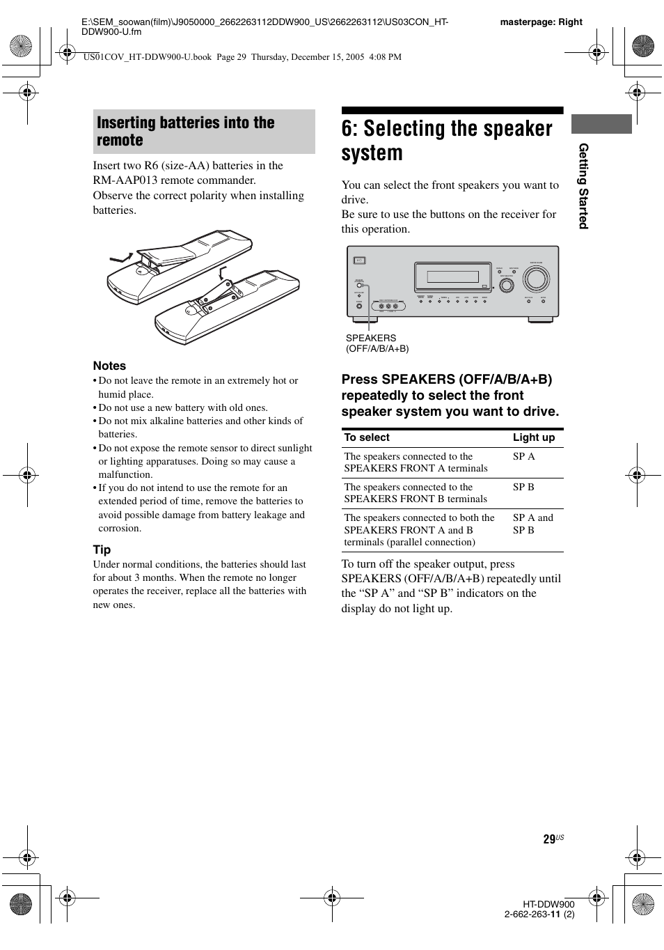 Selecting the speaker system, Inserting batteries into the remote | Sony HT-DDW900 User Manual | Page 29 / 76