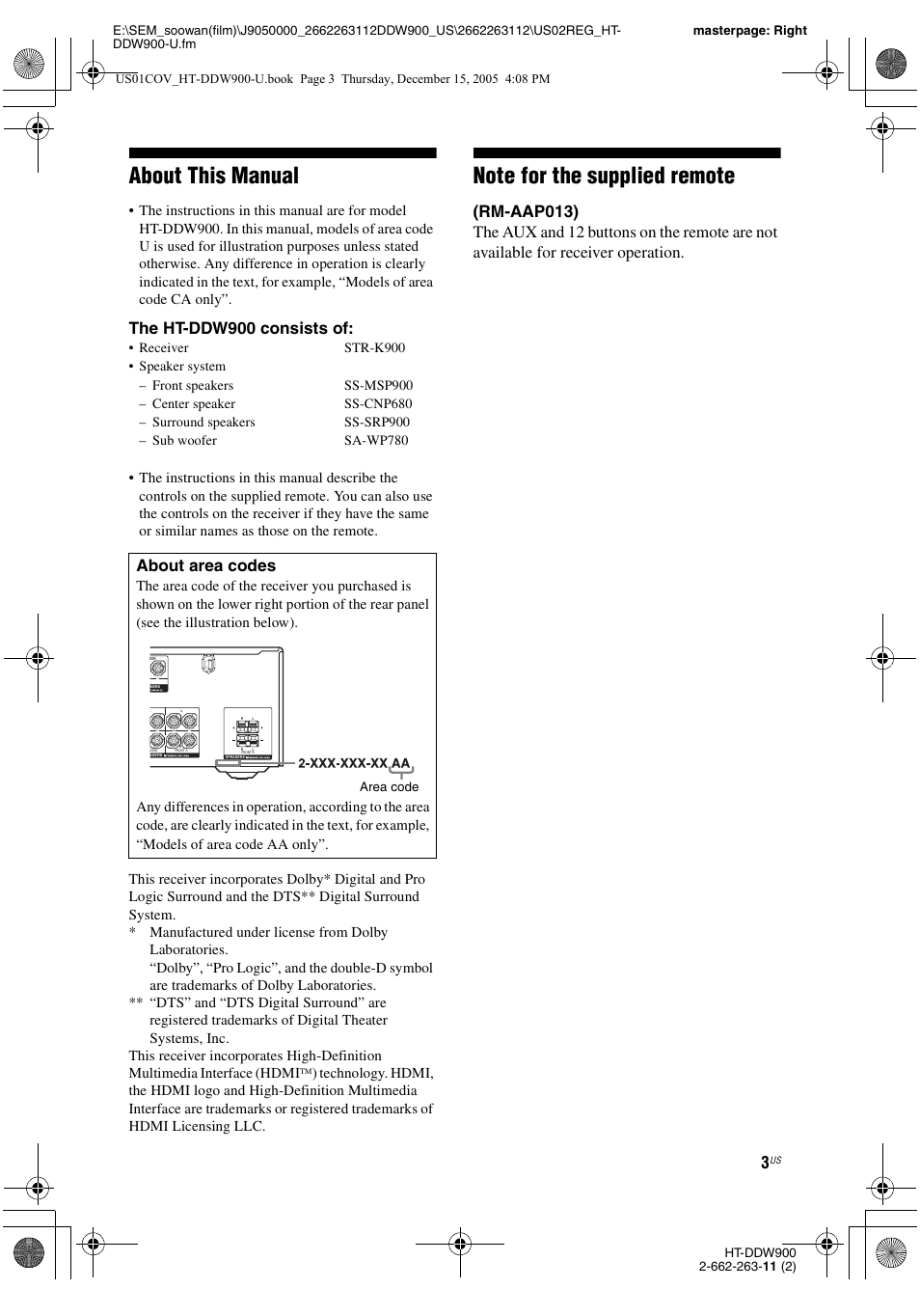 About this manual, The ht-ddw900 consists of | Sony HT-DDW900 User Manual | Page 3 / 76