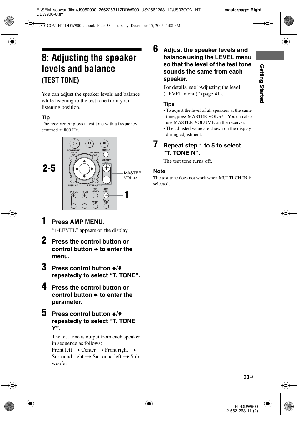 Adjusting the speaker levels and balance, Test tone) | Sony HT-DDW900 User Manual | Page 33 / 76
