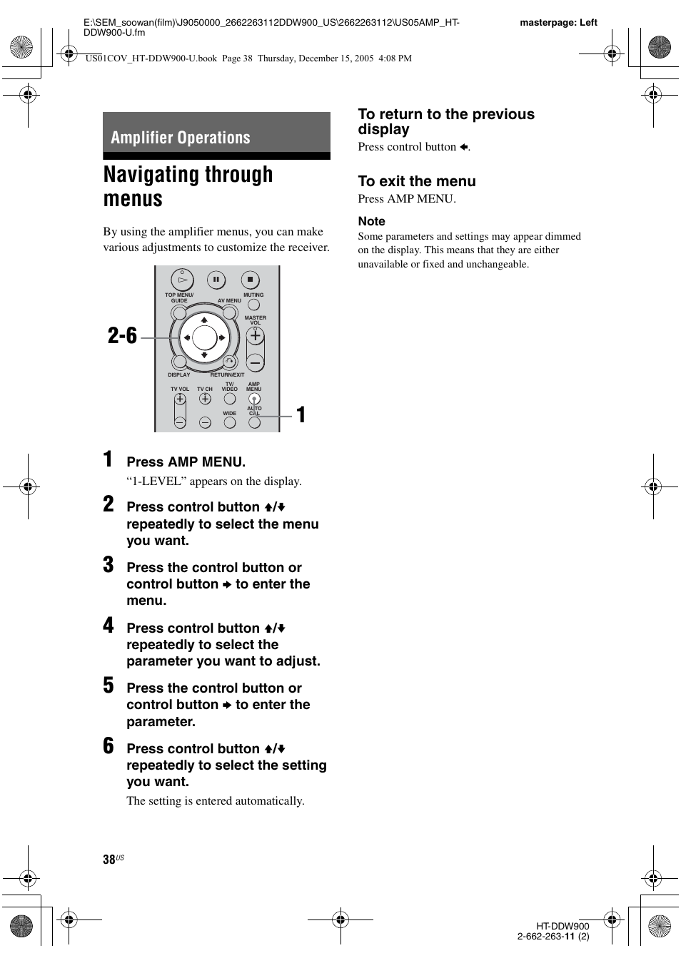 Amplifier operations, Navigating through menus, Press amp menu | Sony HT-DDW900 User Manual | Page 38 / 76