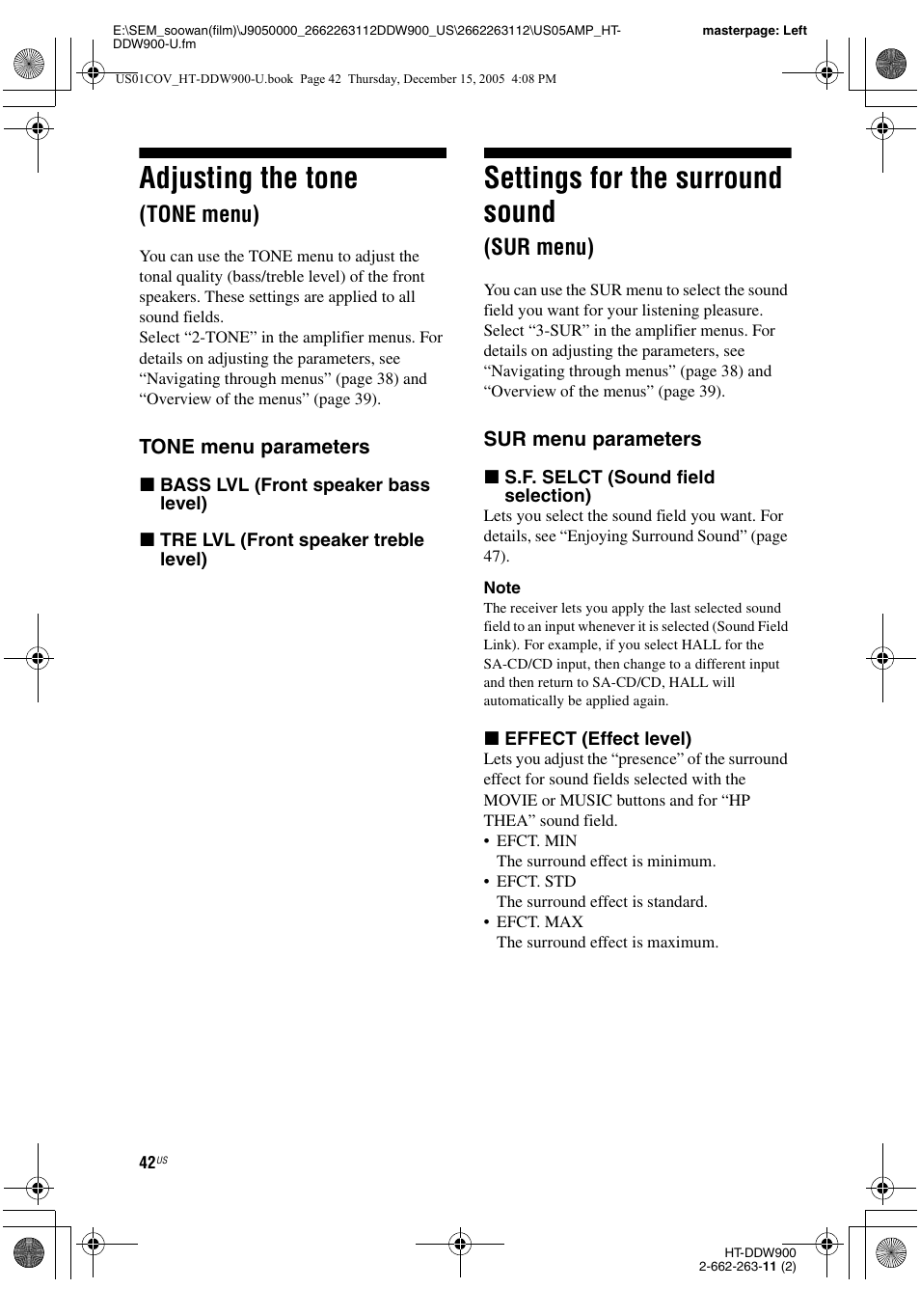 Adjusting the tone (tone menu), Settings for the surround sound (sur menu), Sur menu) | Adjusting the tone, Settings for the surround sound, Tone menu) | Sony HT-DDW900 User Manual | Page 42 / 76