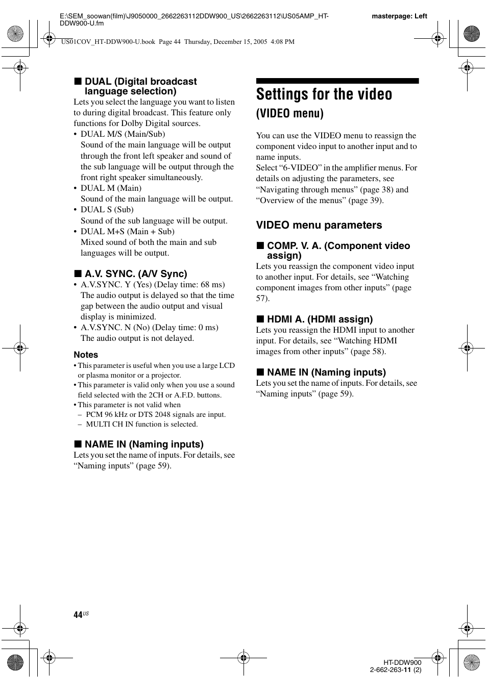 Settings for the video (video menu), Settings for the video, Video menu) | Video menu parameters | Sony HT-DDW900 User Manual | Page 44 / 76