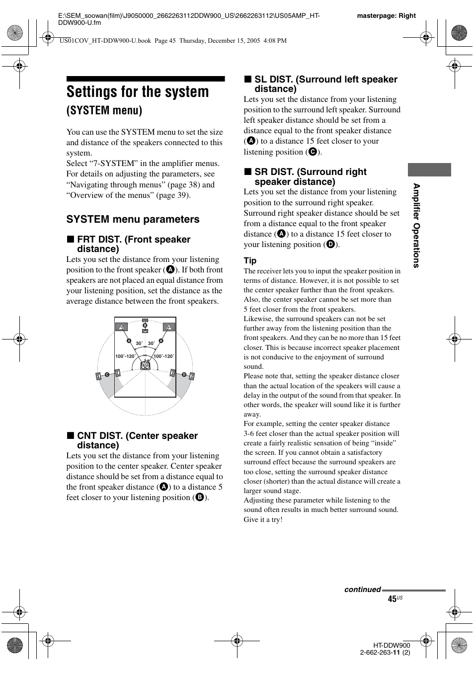Settings for the system (system menu), Settings for the system, System menu) | System menu parameters, X frt dist. (front speaker distance), X cnt dist. (center speaker distance), X sl dist. (surround left speaker distance), X sr dist. (surround right speaker distance) | Sony HT-DDW900 User Manual | Page 45 / 76