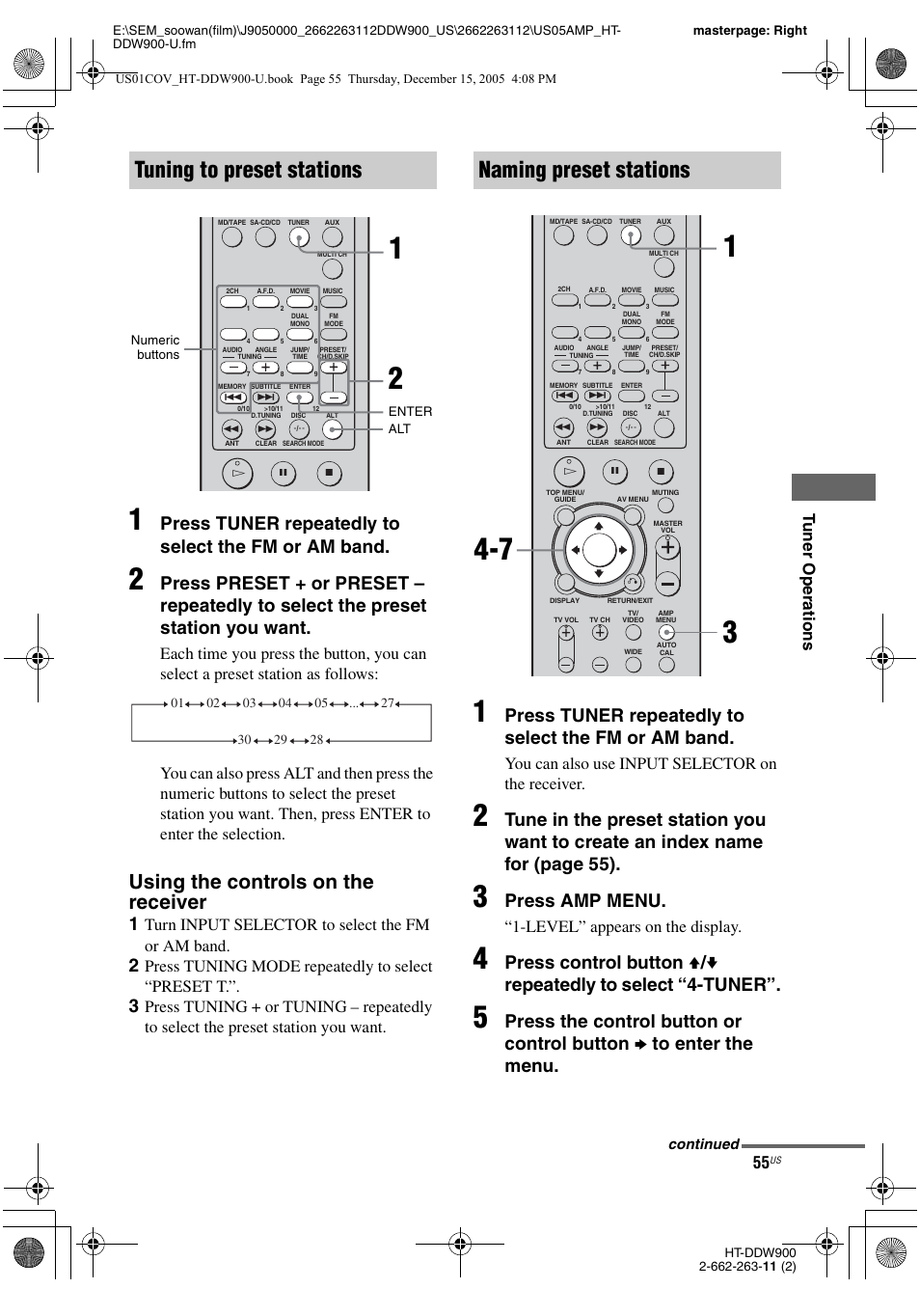 Tuning to preset stations, Naming preset stations, Using the controls on the receiver | Press tuner repeatedly to select the fm or am band, Press amp menu, Turn input selector to select the fm or am band, Press tuning mode repeatedly to select “preset t, You can also use input selector on the receiver, Level” appears on the display, Continued | Sony HT-DDW900 User Manual | Page 55 / 76