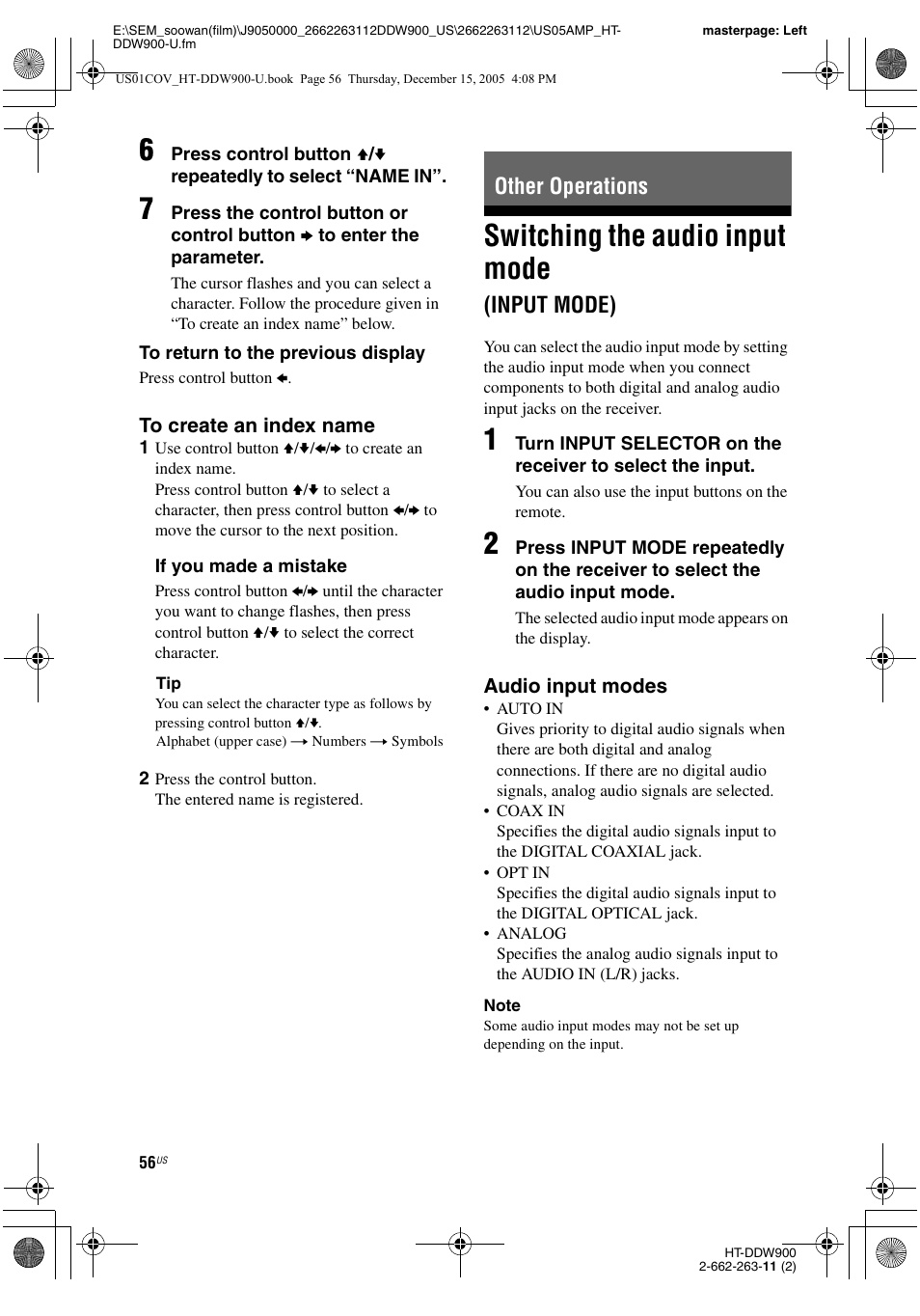 Other operations, Switching the audio input mode (input mode), Switching the audio input mode | Input mode) | Sony HT-DDW900 User Manual | Page 56 / 76