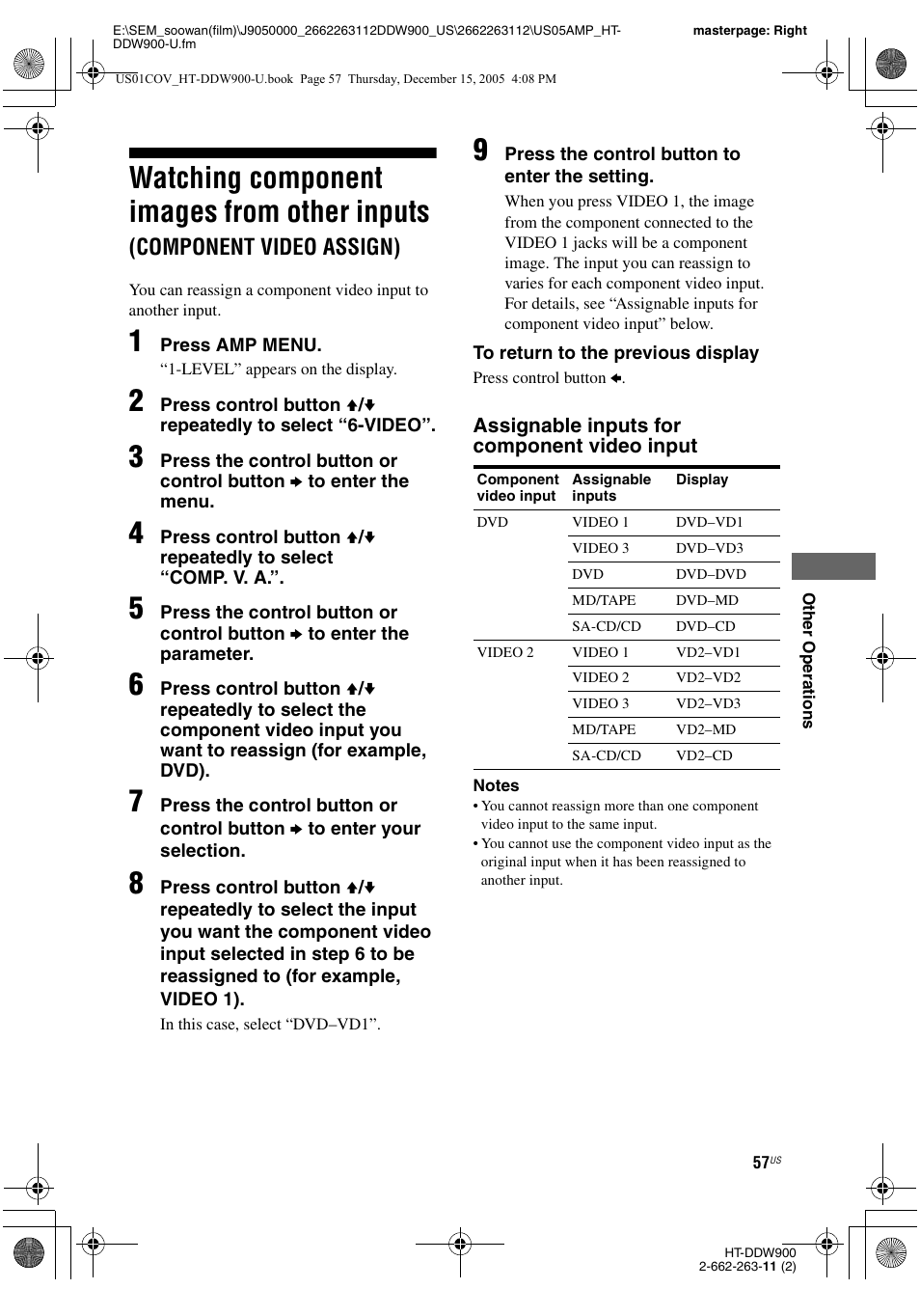 Watching component images from other, Inputs, Component video assign) | Watching component images from other inputs | Sony HT-DDW900 User Manual | Page 57 / 76