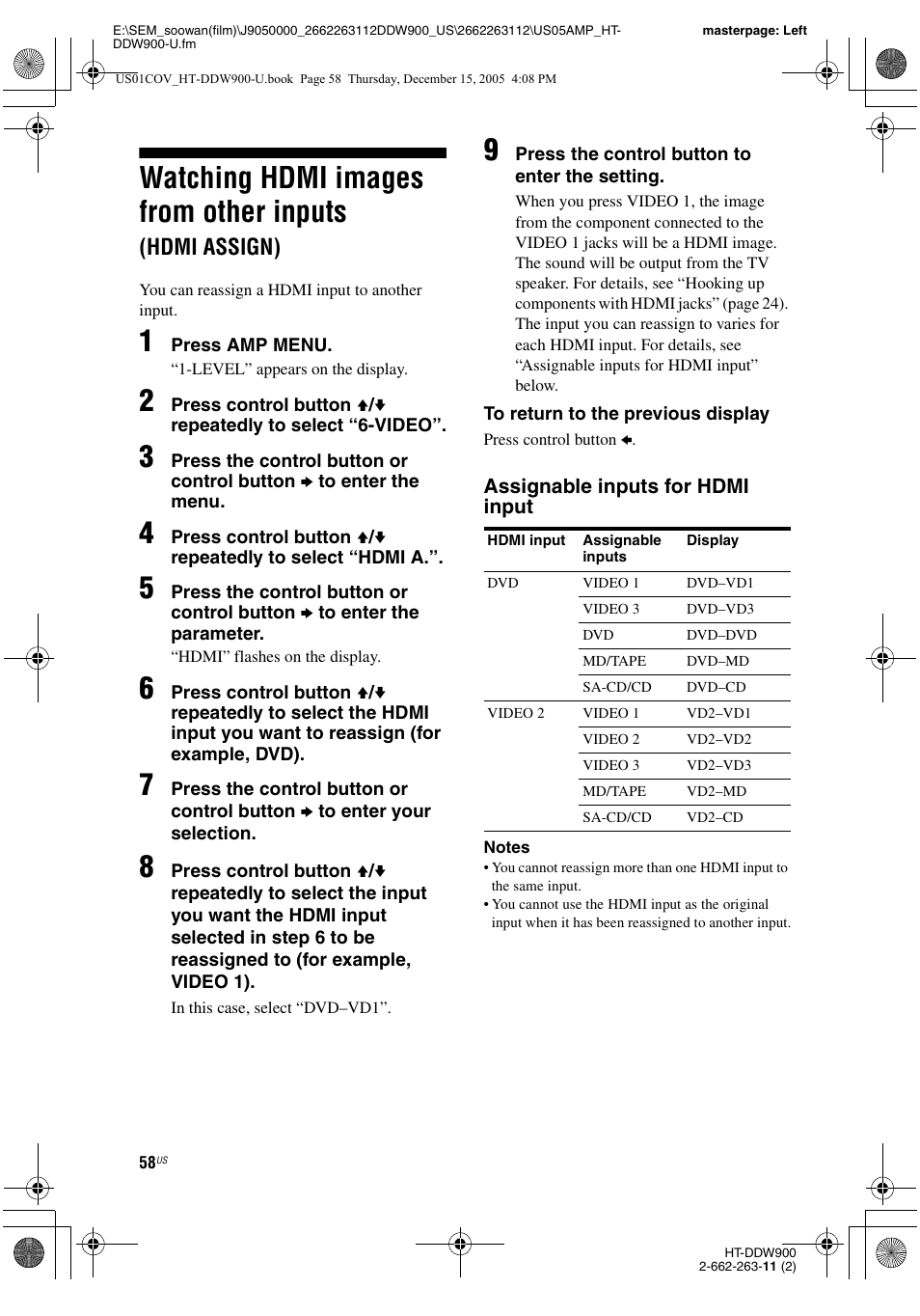 Watching hdmi images from other inputs, Hdmi assign) | Sony HT-DDW900 User Manual | Page 58 / 76