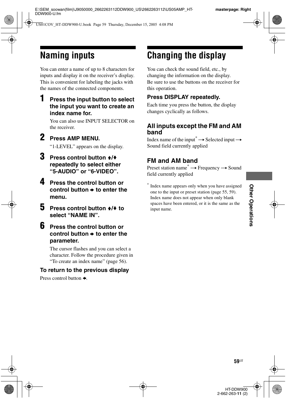 Naming inputs, Changing the display, Naming inputs changing the display | Sony HT-DDW900 User Manual | Page 59 / 76