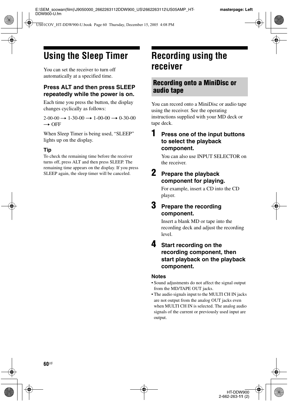 Using the sleep timer, Recording using the receiver, Using the sleep timer recording using the receiver | Recording onto a minidisc or audio tape | Sony HT-DDW900 User Manual | Page 60 / 76