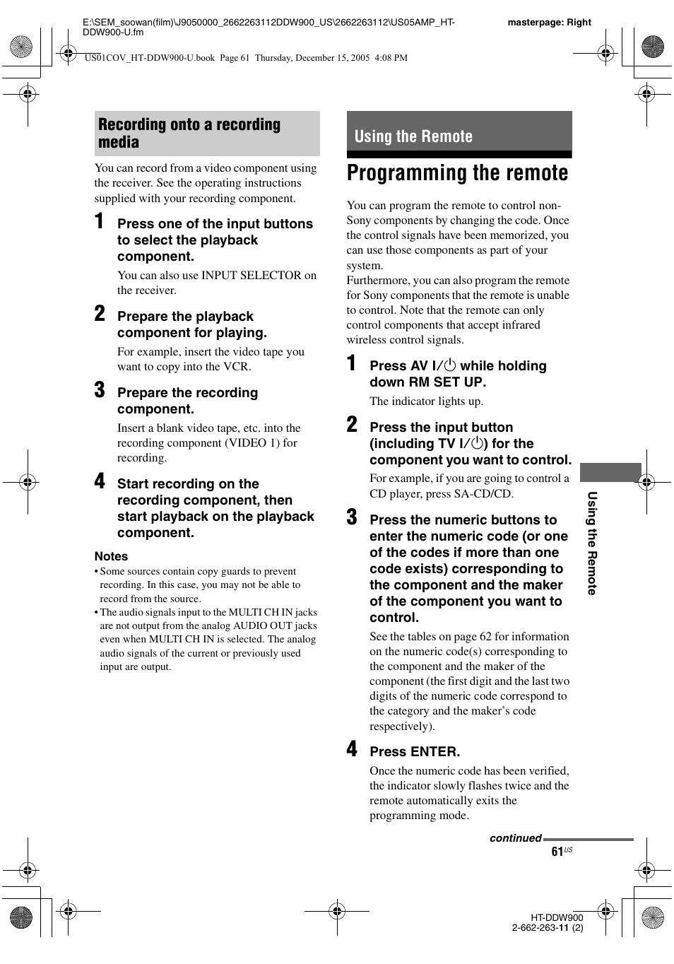 Using the remote, Programming the remote, Recording onto a recording media using the remote | Sony HT-DDW900 User Manual | Page 61 / 76