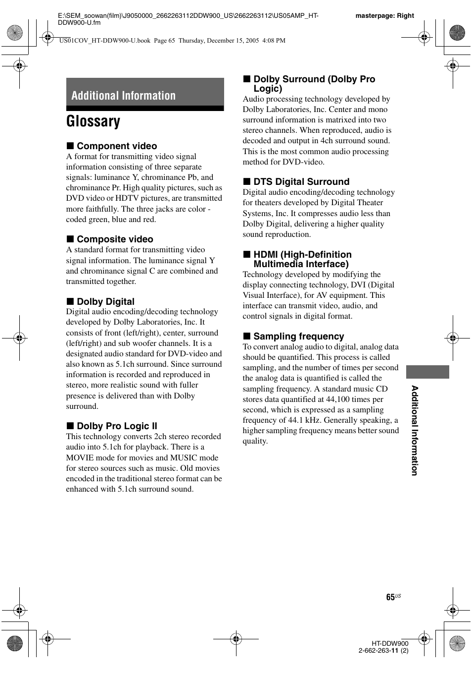 Additional information, Glossary | Sony HT-DDW900 User Manual | Page 65 / 76