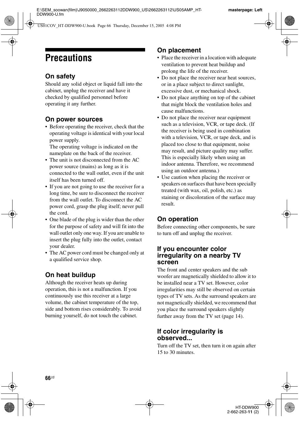 Precautions, On safety, On power sources | On heat buildup, On placement, On operation, If color irregularity is observed | Sony HT-DDW900 User Manual | Page 66 / 76