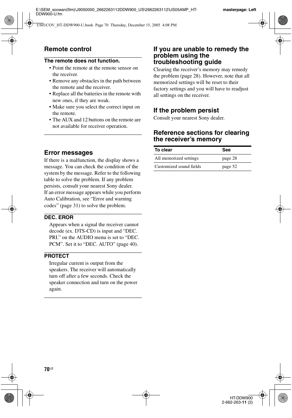 Remote control, Error messages, If the problem persist | Sony HT-DDW900 User Manual | Page 70 / 76