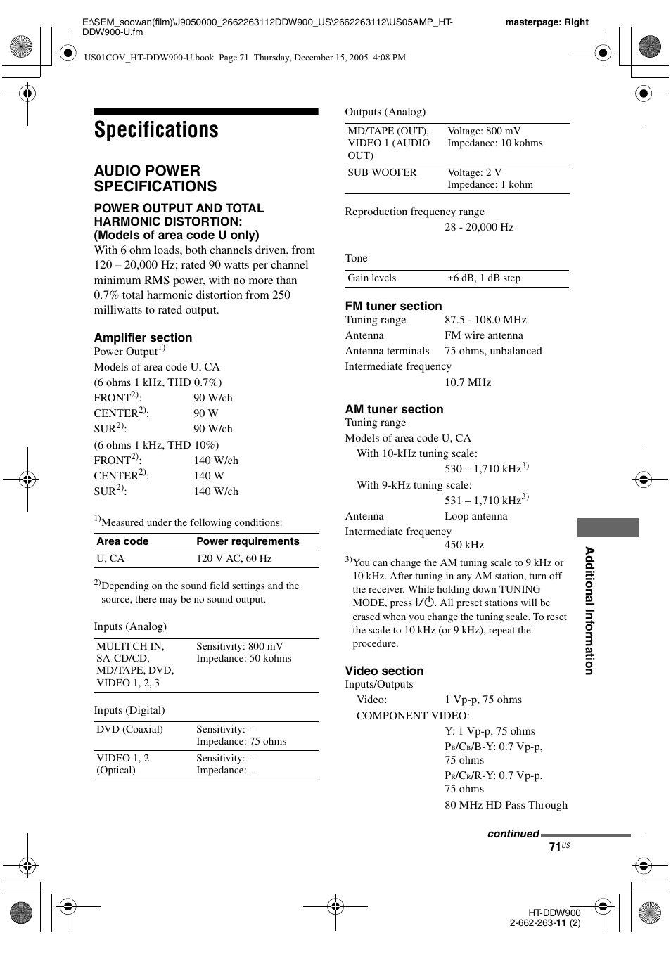 Specifications, Audio power specifications | Sony HT-DDW900 User Manual | Page 71 / 76