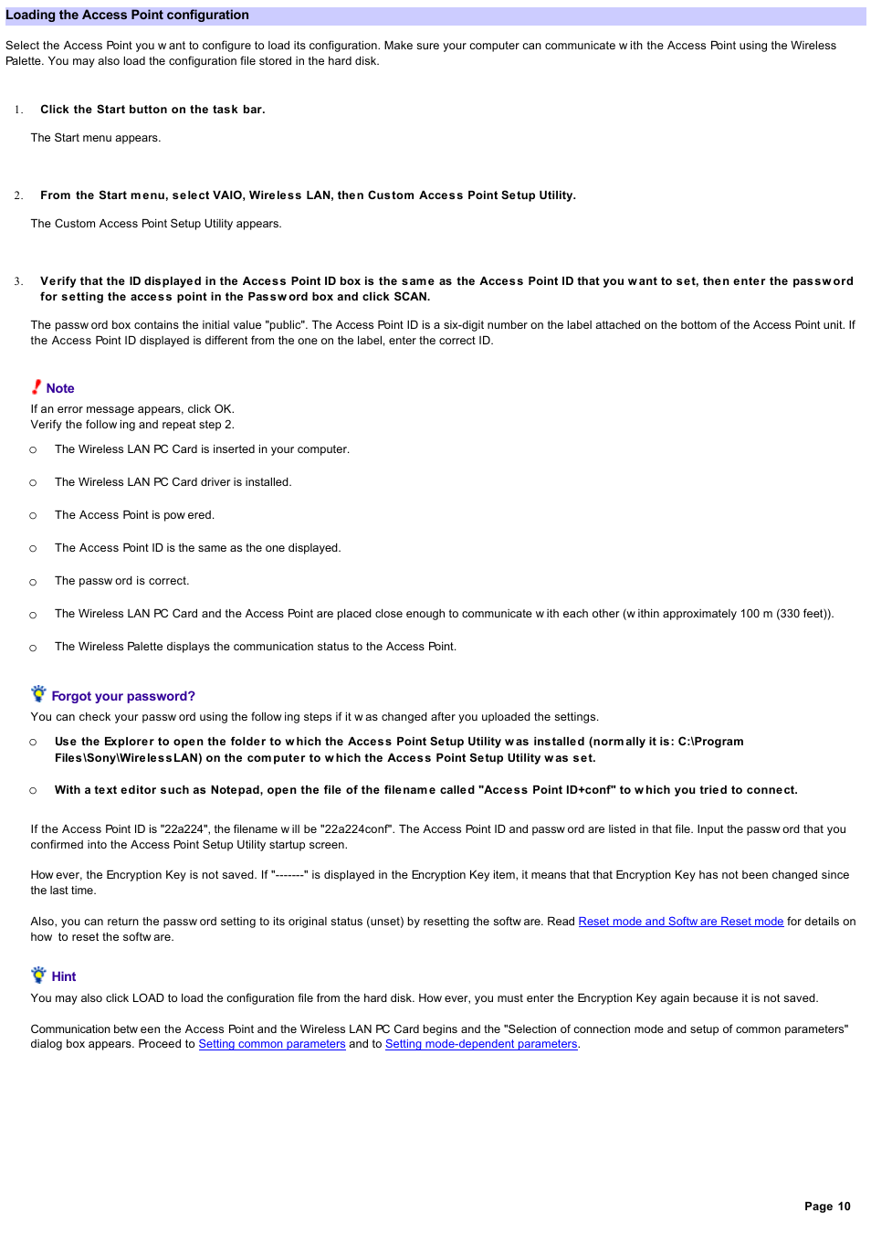 Loading the access point configuration, Loading the acce s s point configuration | Sony PCWA-A220 User Manual | Page 10 / 61