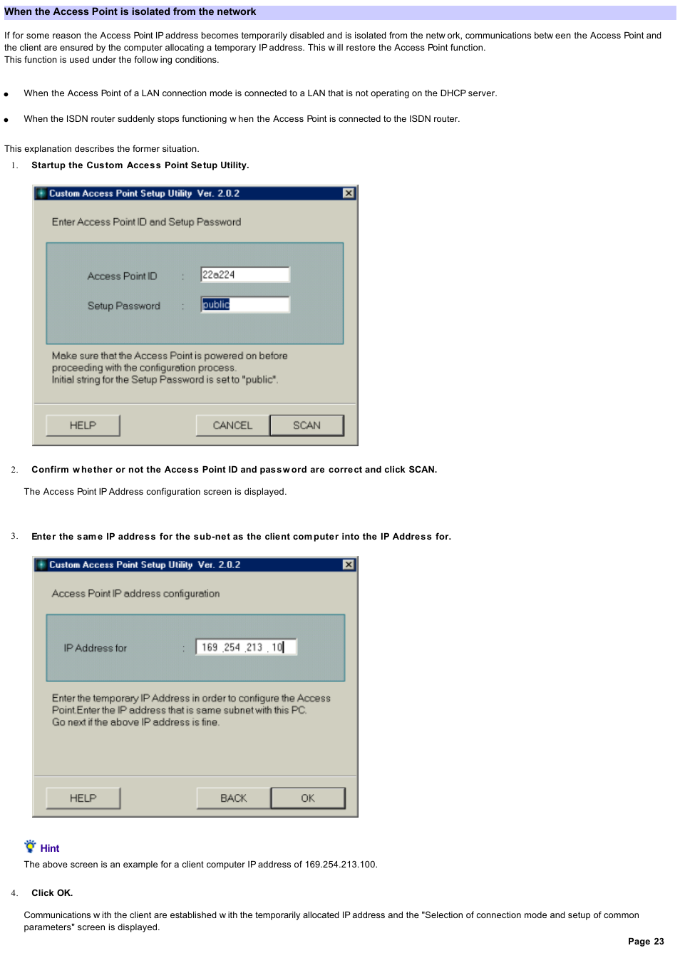 When the access point is isolated from the network | Sony PCWA-A220 User Manual | Page 23 / 61