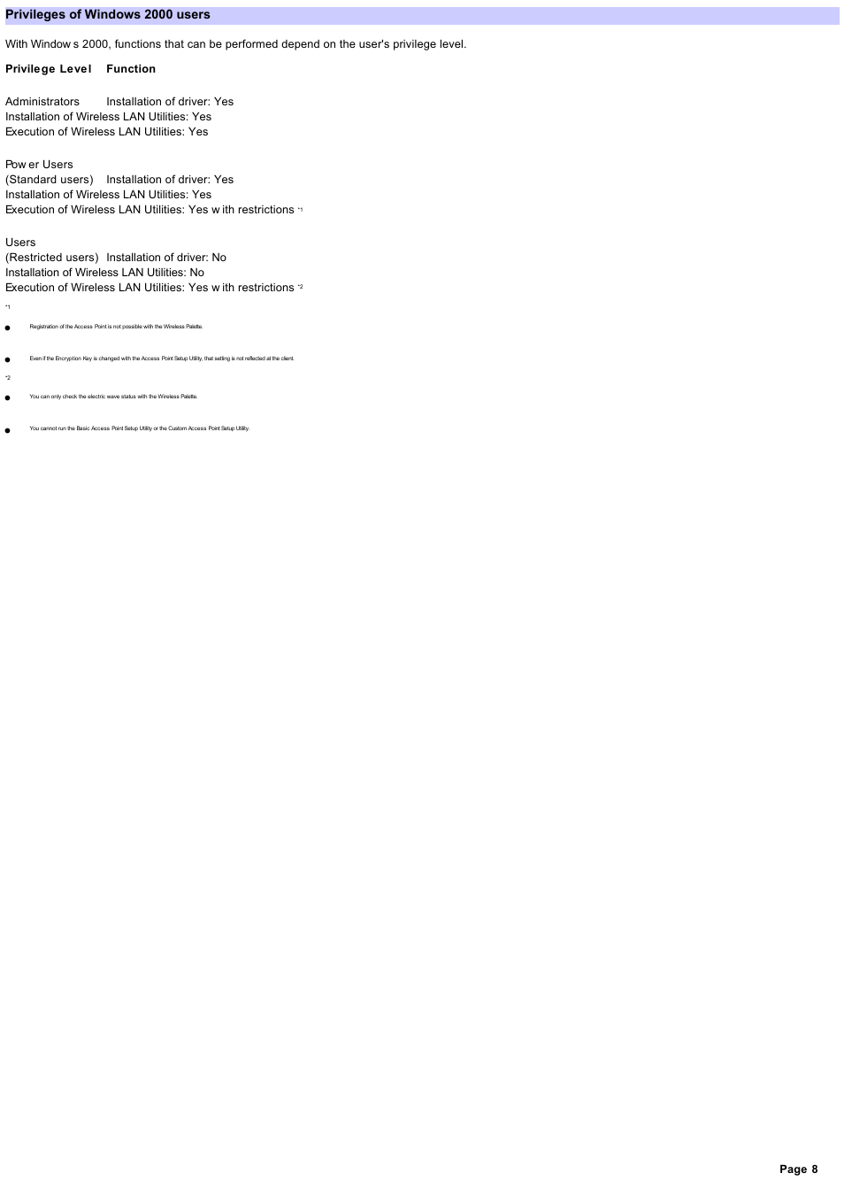 Privileges of windows 2000 users, S 2000, there are restrictions to user rights. see, Privileges of window s 2000 users | For details | Sony PCWA-A220 User Manual | Page 8 / 61