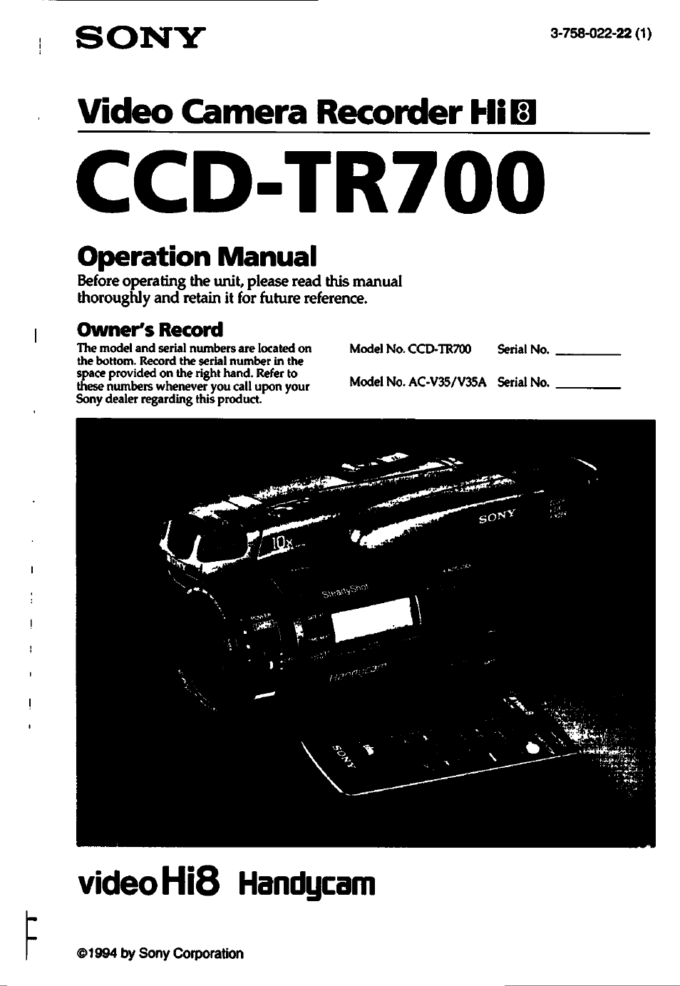 Sony CCD-TR700 User Manual | 64 pages