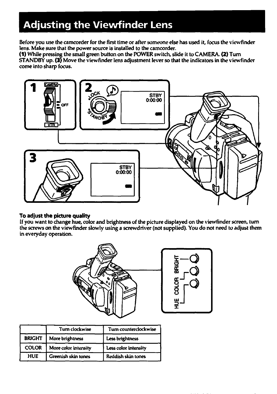 Adjusting the viewfinder lens, To adjust the picture quality | Sony CCD-TR700 User Manual | Page 10 / 64