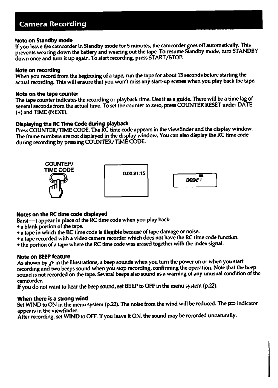 Note on standby mode, Note on recording, Note on the tape counter | Displaying the rc time code during playback, Notes on the rc time code displayed, Note on beep feature, When there is a strong wind | Sony CCD-TR700 User Manual | Page 12 / 64