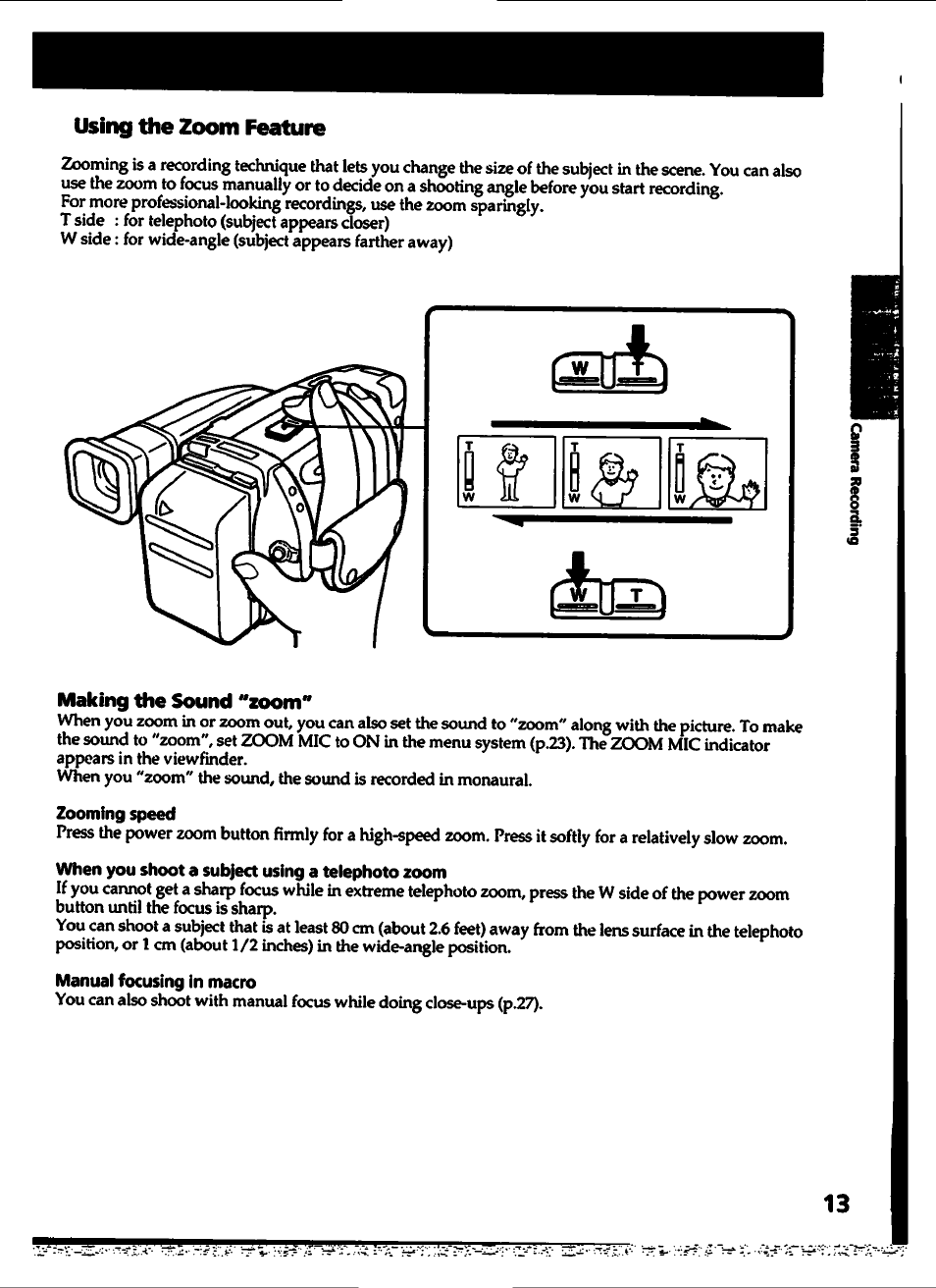 Using the zoom feature, Making the sound "aoom, Zooming speed | When you shoot a subject using a telephoto zoom, Manual focusing in macro | Sony CCD-TR700 User Manual | Page 13 / 64