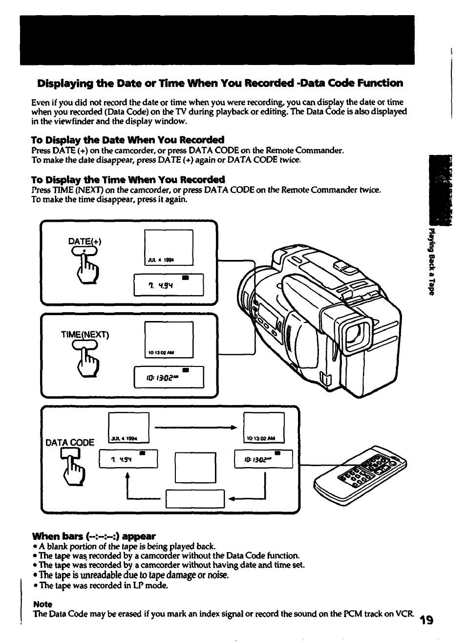 To display the date when you recorded, To display the time when you recorded, When bars appear | Note | Sony CCD-TR700 User Manual | Page 19 / 64