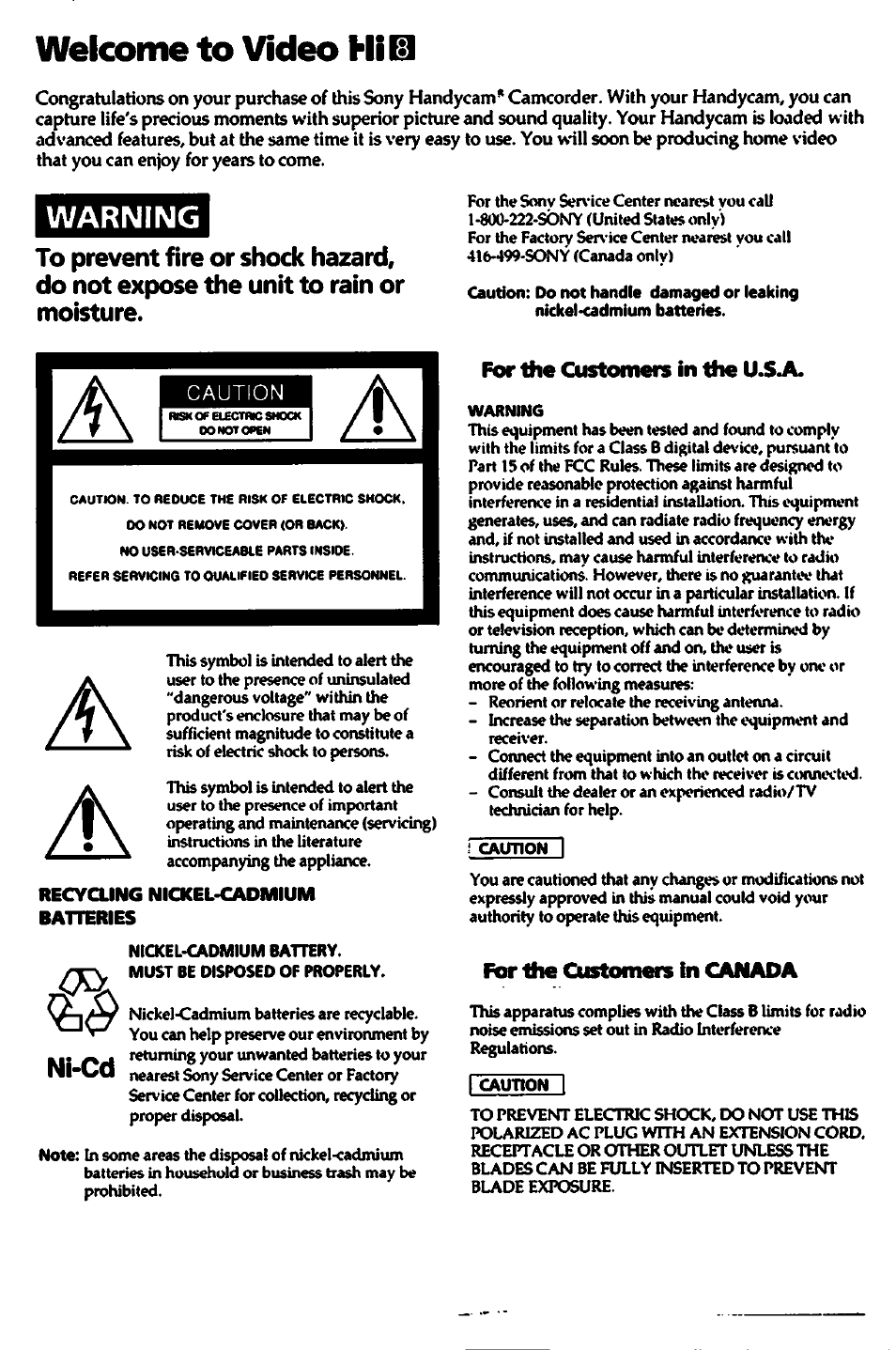 For the customers in the u.s jl, For ihe customers in canada, Welcome to video hi | Ni-cd | Sony CCD-TR700 User Manual | Page 2 / 64