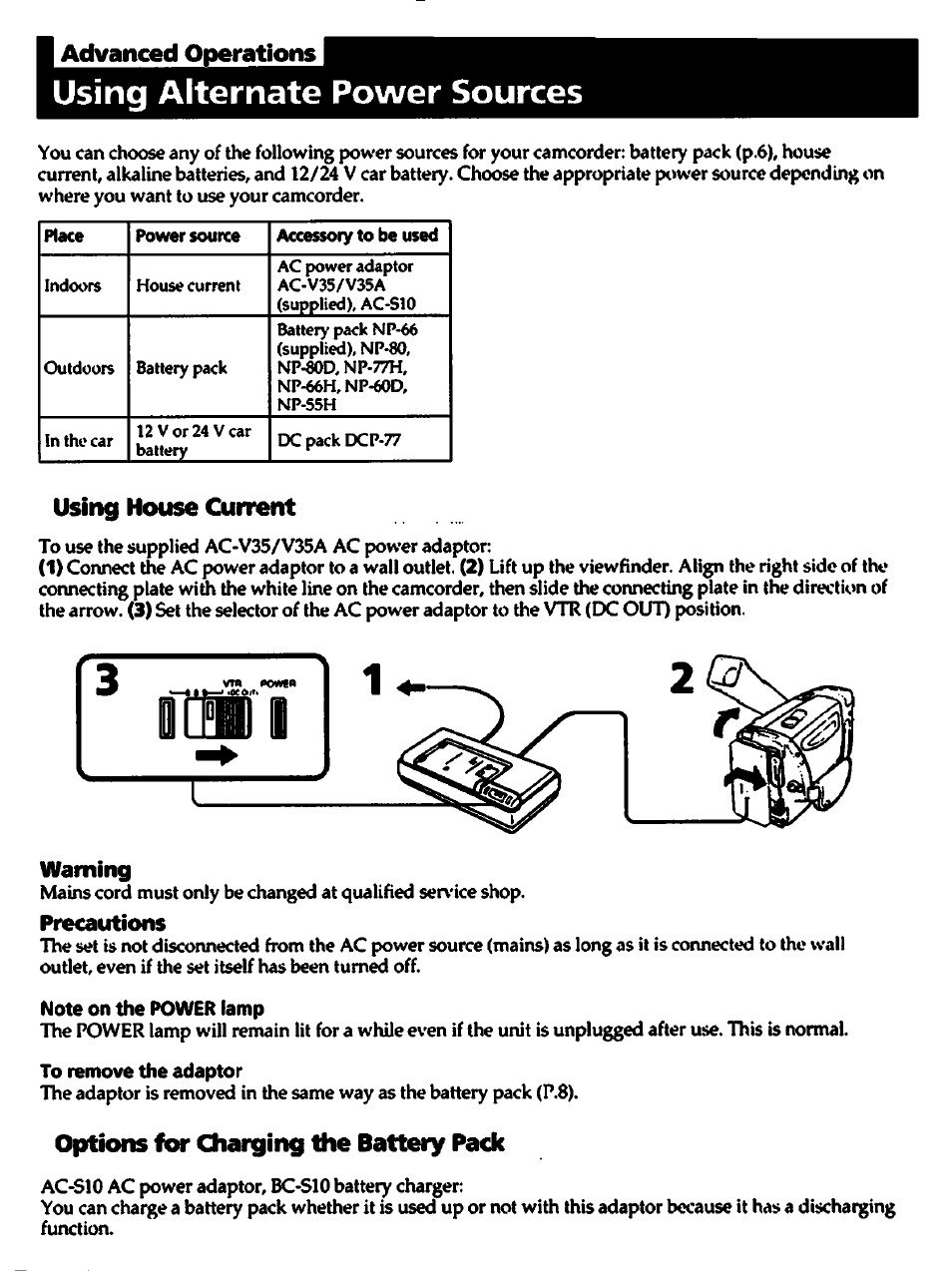 I advanced operations, Using alternate power sources, Using house current | Warning, Precautions, Note on the power lamp, To remove the adaptor, Options for charging the battery pack | Sony CCD-TR700 User Manual | Page 20 / 64