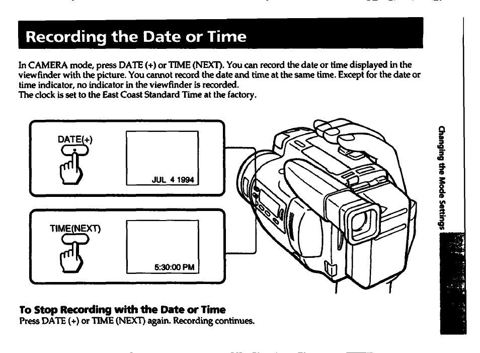 Recording the date or time, To stop recording with the date or time | Sony CCD-TR700 User Manual | Page 23 / 64