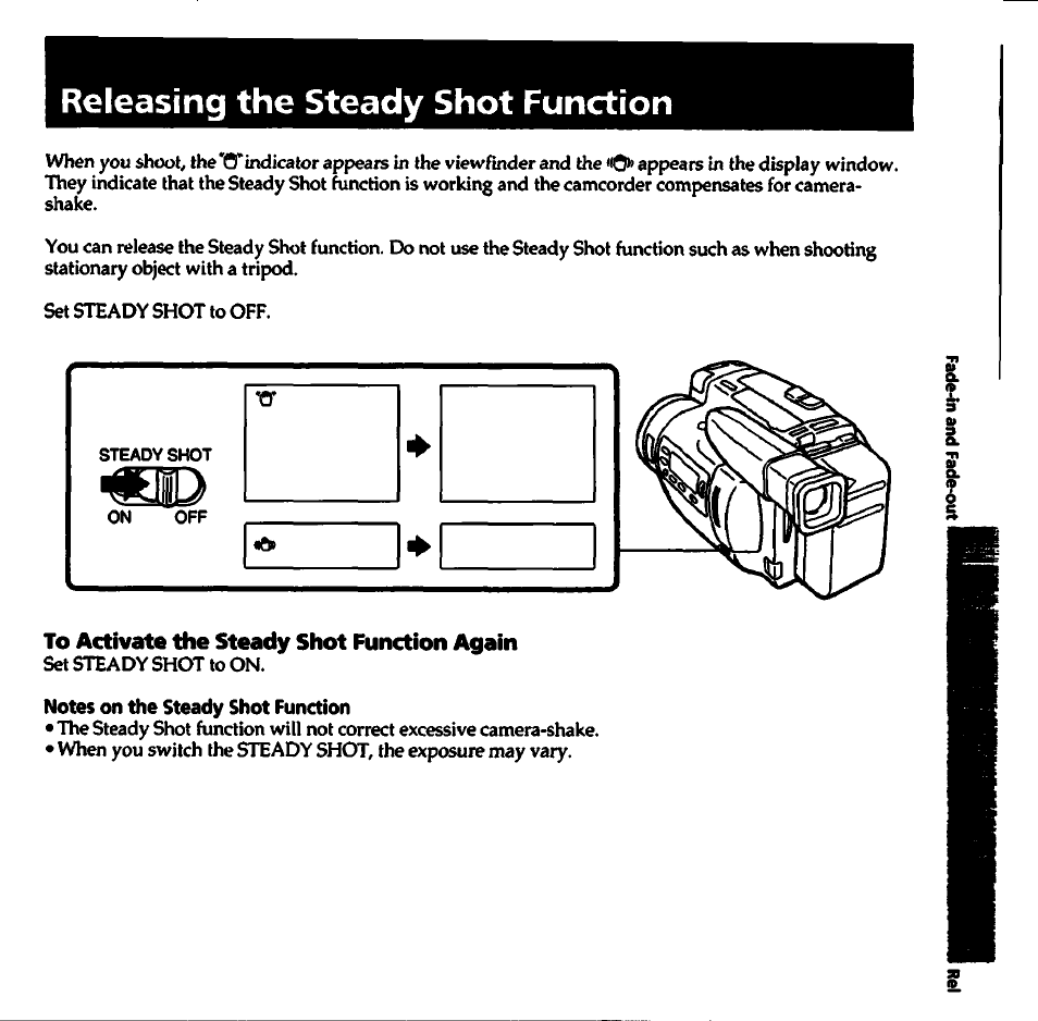 Releasing the steady shot function, To activate the steady shot function again, Notes on the steady shot function | Sony CCD-TR700 User Manual | Page 25 / 64