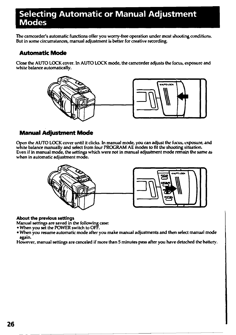 Selecting automatic or manual adjustment modes, Automatic mode, Manual adjustment mode | About the previous settings | Sony CCD-TR700 User Manual | Page 26 / 64