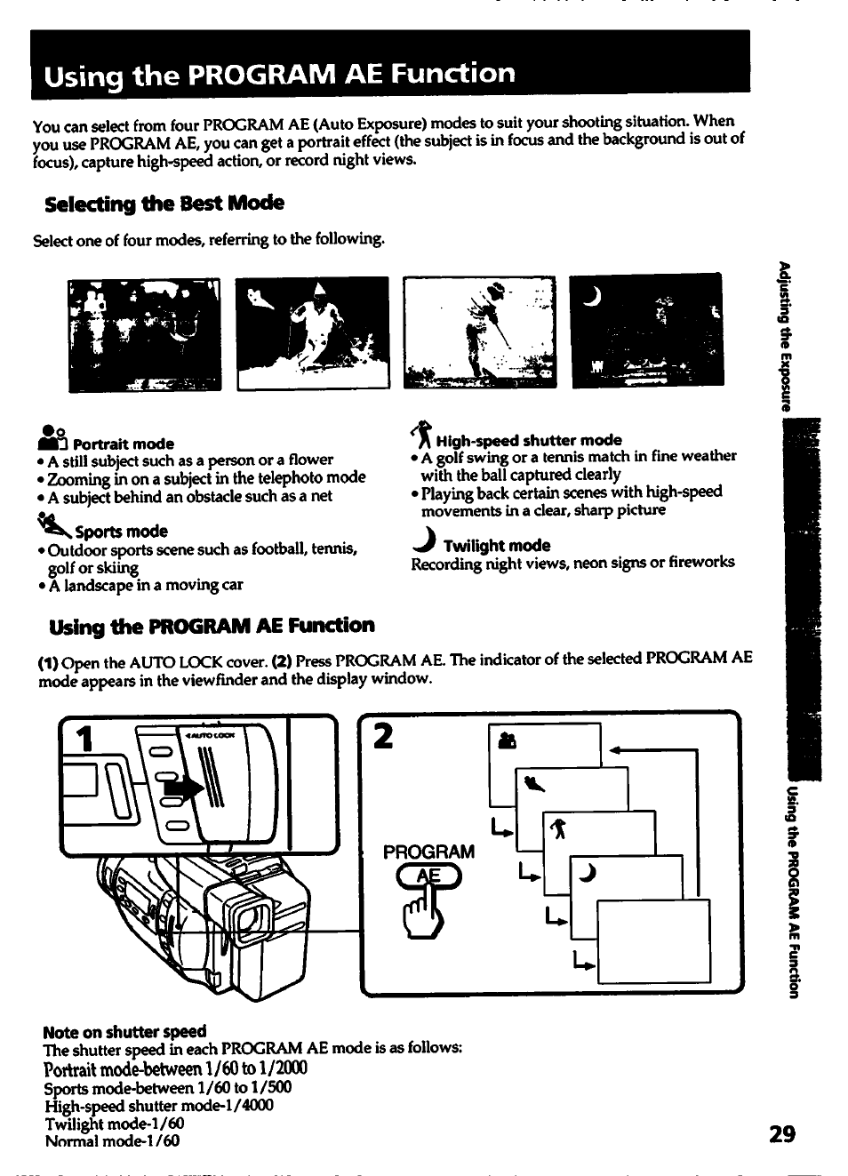 Using the program ae function, Selecting the best mode, Sports mode | High-speed shutter mode, Twilight mode, Note on shutter speed | Sony CCD-TR700 User Manual | Page 29 / 64