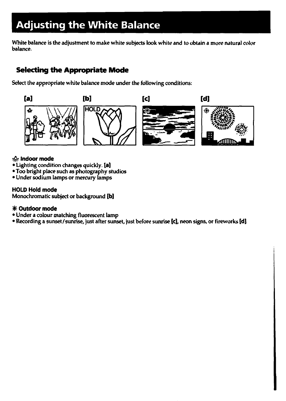 Adjusting the white balance, Selecting the appropriate mode | Sony CCD-TR700 User Manual | Page 30 / 64