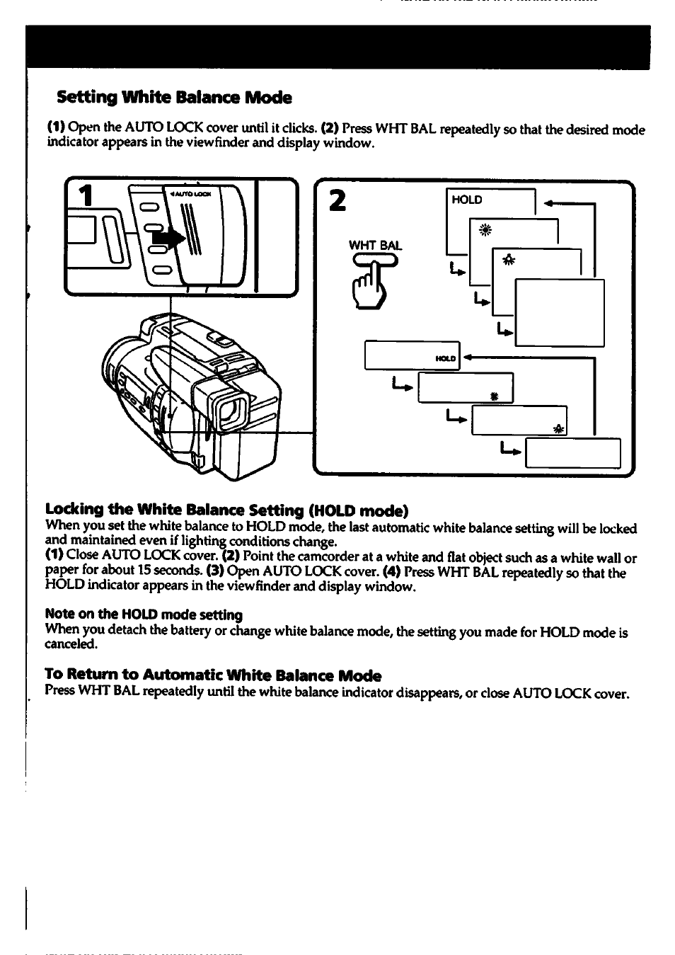 Setting white balance mode, Locking the white balance setting (hold mode), Note on the hold mode setting | To return to automatic white balance mode | Sony CCD-TR700 User Manual | Page 31 / 64