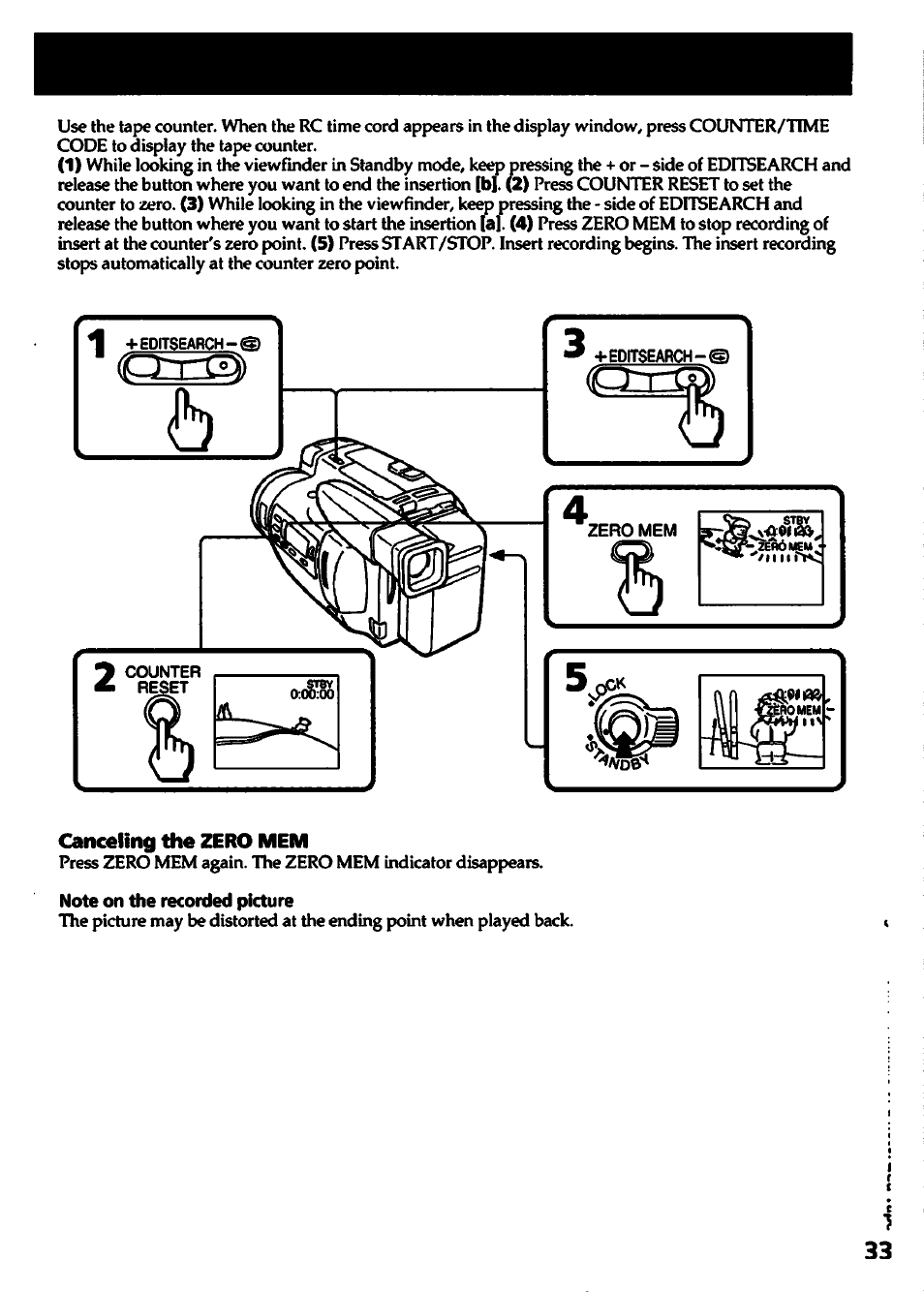 Canceling the zero mem, Note on the recorded picture, Т-ш) | Г7-т-ш) | Sony CCD-TR700 User Manual | Page 33 / 64