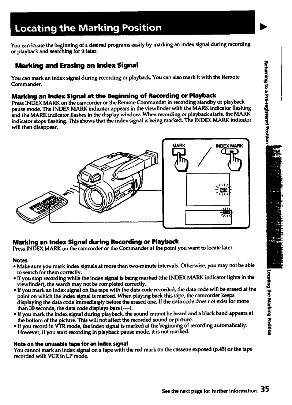 Locating the marking position, Marking and erasing an index signal, Notes | Note on tite unusable tape for an index signal | Sony CCD-TR700 User Manual | Page 35 / 64