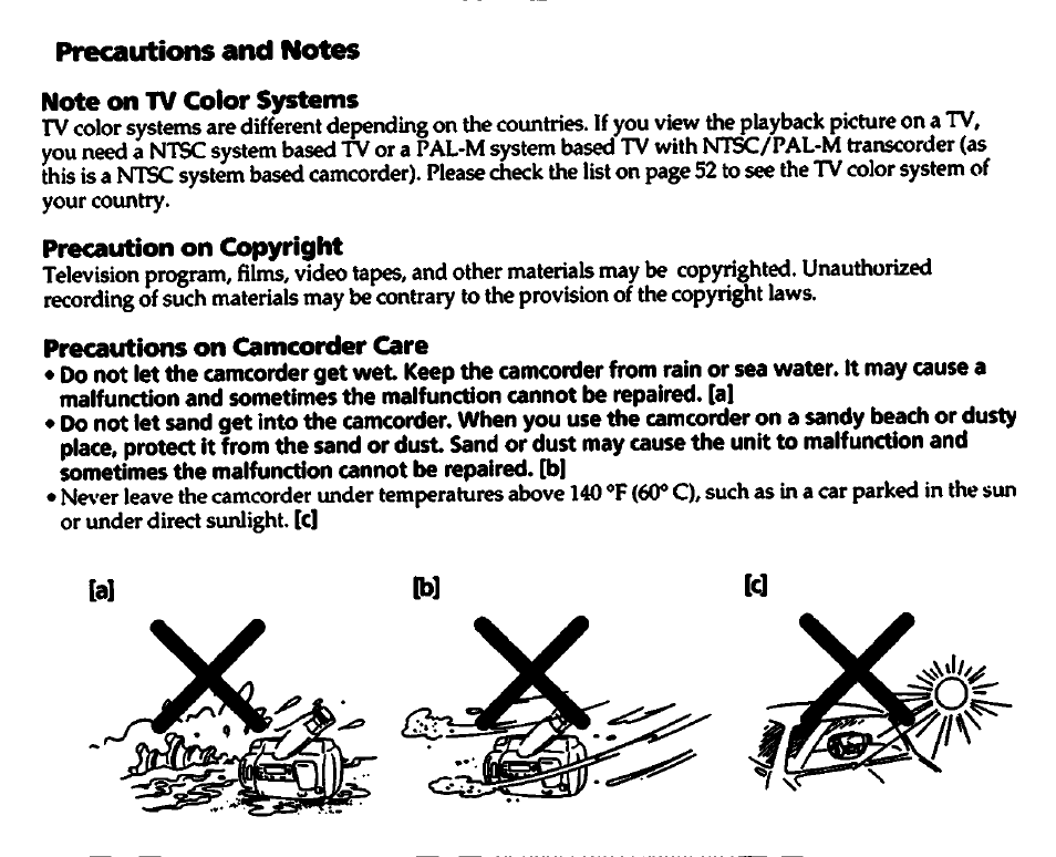 Precautions and notes note on tv color systems, Precaution on copyright, Precautions on camcorder care | Sony CCD-TR700 User Manual | Page 4 / 64