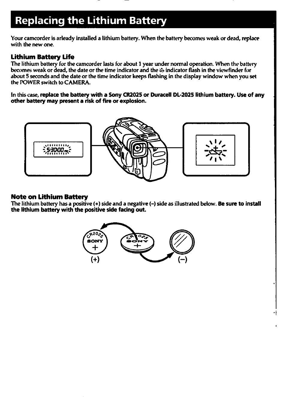 Replacing the lithium battery, Lithium battery life, Note on lithium battery | Sony CCD-TR700 User Manual | Page 42 / 64