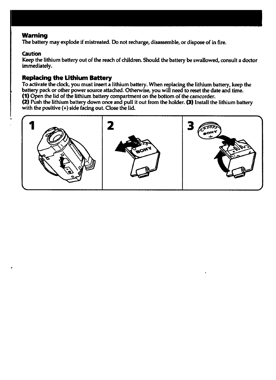 Warning, Caution, Replacing the lithium battery | Sony CCD-TR700 User Manual | Page 43 / 64