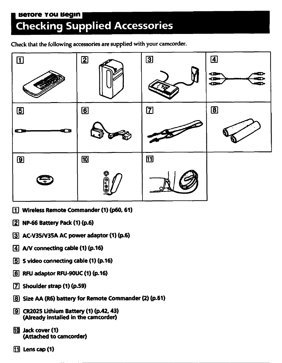 Tferore you begin, Checking supplied accessories | Sony CCD-TR700 User Manual | Page 5 / 64